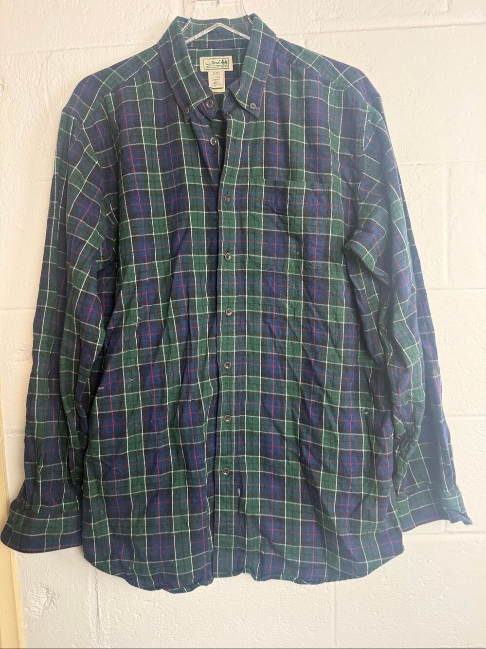 L.L.Bean Men’s Large Tall Flannel Shirt Green Navy Plaid 100% Cotton